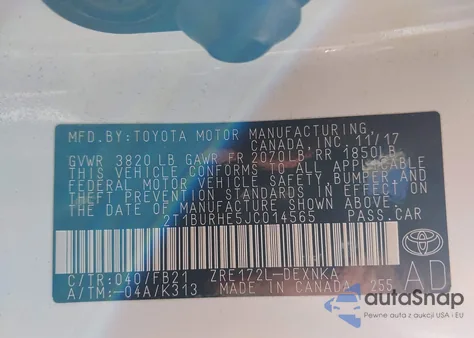 2018 Toyota Corolla Le z USA, uszkodzony, nr VIN 2T1BURHE5JC014565